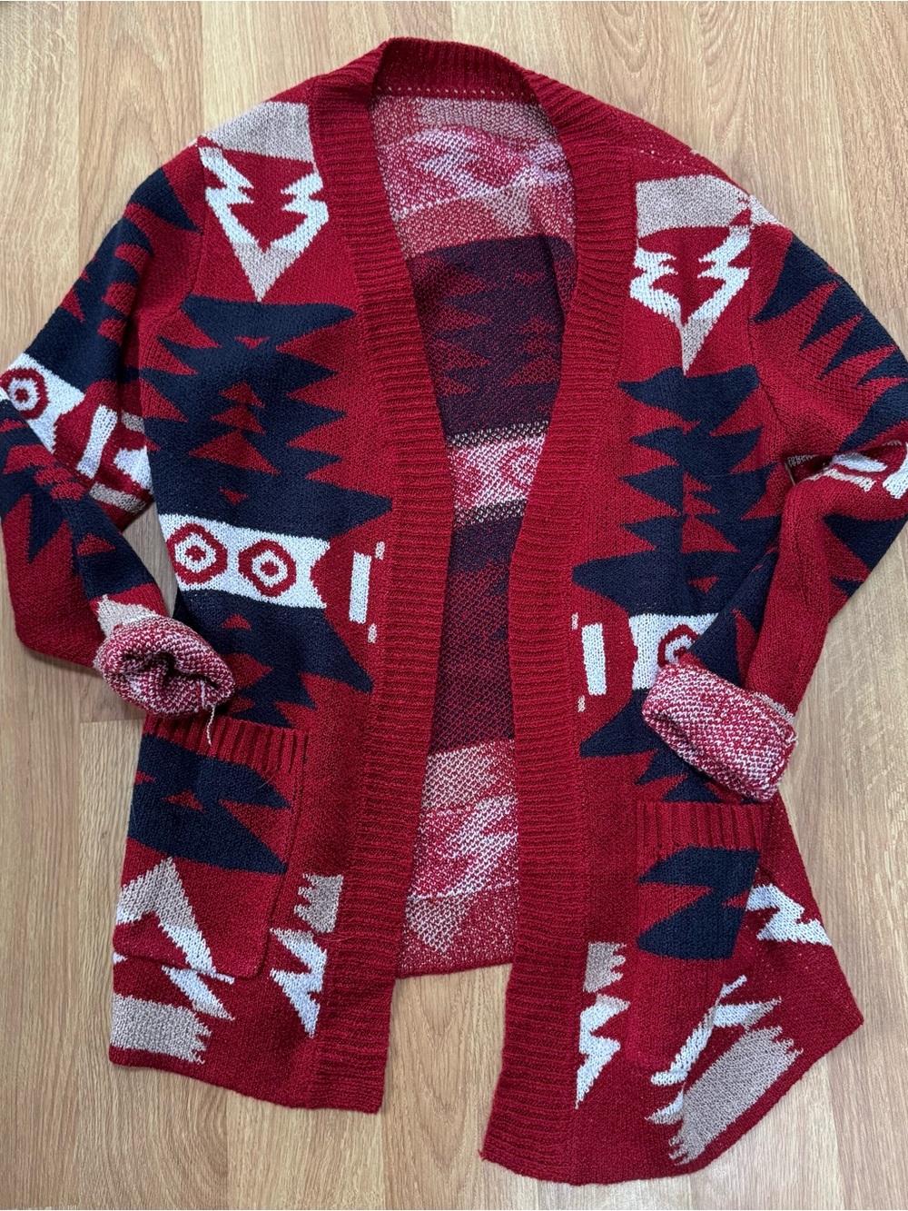 Amazon Red Aztec Open-Front Cardigan with Navy & Cream Accents